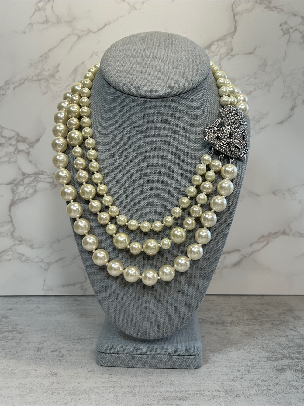 Stella & Dot Ivory Multi-Strand Pearl Necklace with Rhinestone Brooch